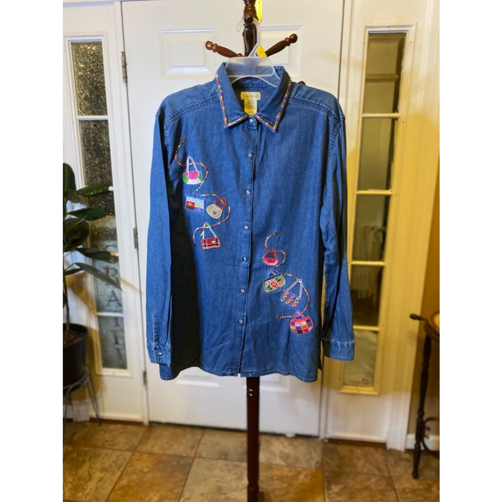 Bobbie Brooks denim shirt with embroidered purses size L